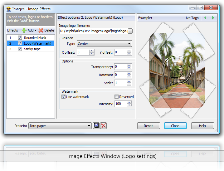 Image Effects Window (Logo settings)