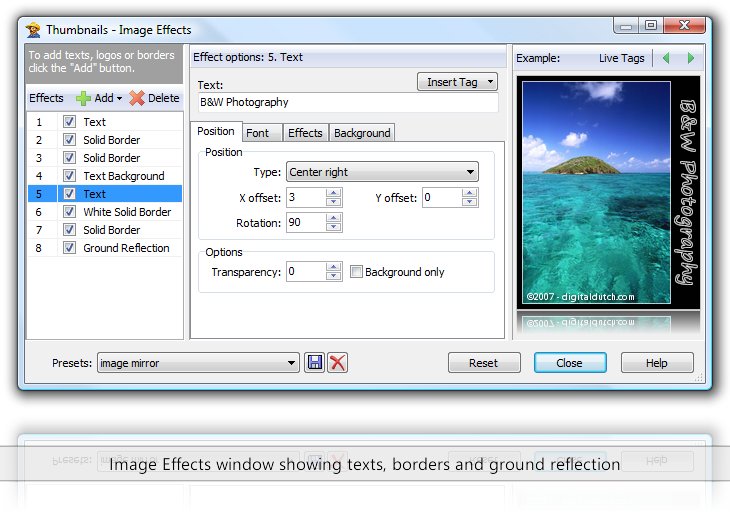 Image Effects window showing texts, borders and ground reflection