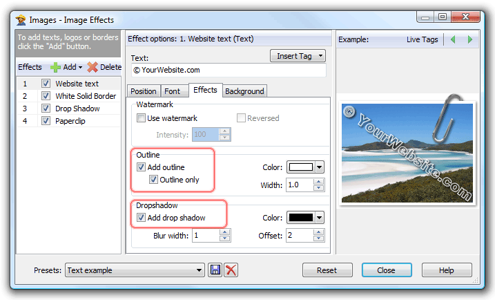 Image Effects window showing text options