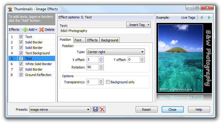 Thumbnails - Image Effects window