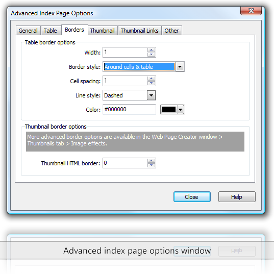 Advanced index page options window