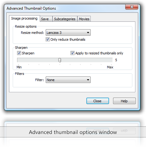 Advanced thumbnail options window