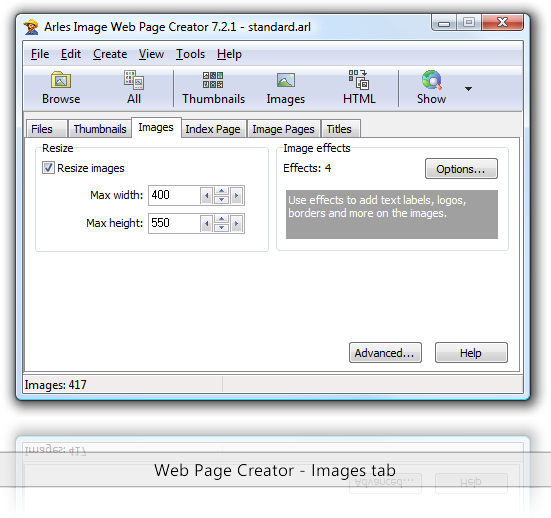 Web Page Creator - Images tab