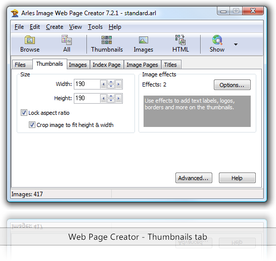 Web Page Creator - Thumbnails tab