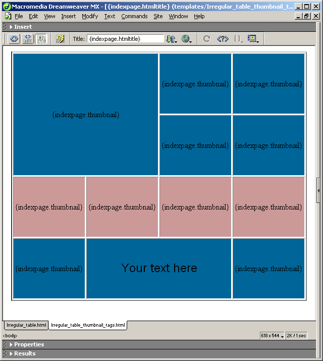 Table with thumbnail tags in Dreamweaver
