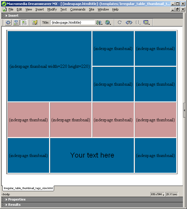 Table with thumbnail tags in Dreamweaver